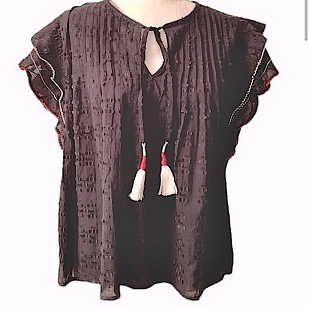 Acos&a Textured black top ruffles medium tie with tassels NWT